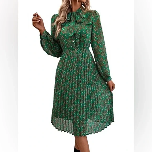 Haokeke Green Floral Long Sleeve Chiffon Pleated Midi Dress - M - Picture 1 of 16